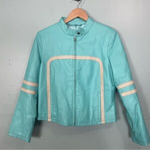 Vintage Wilson Leather Jacket Women Large Teal Motor Biker Stripe Racing